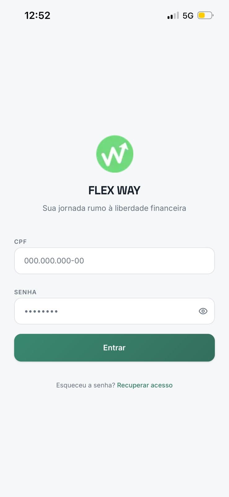 Tela de login do app FlexWay, com campos de CPF e senha.