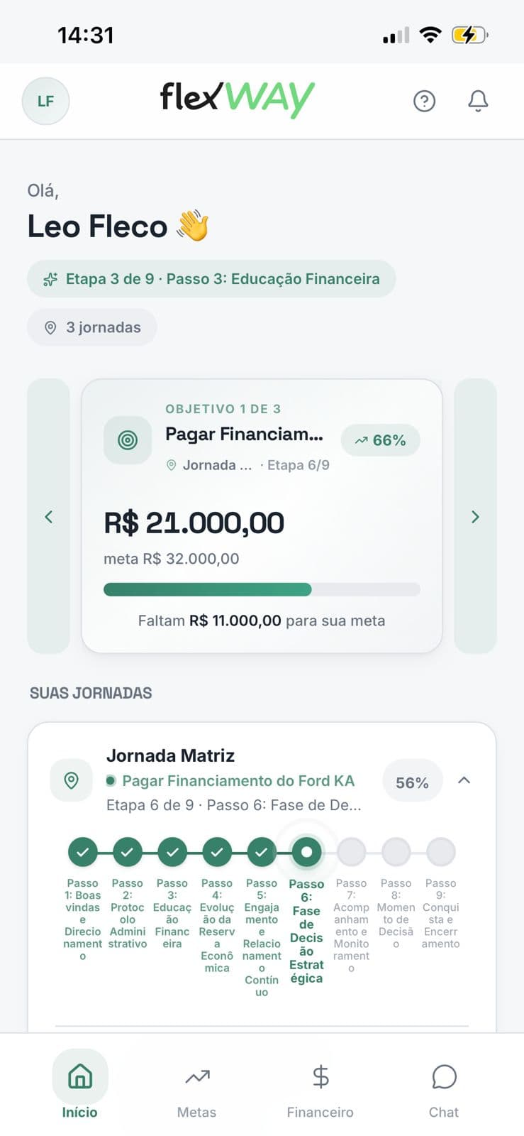 Tela inicial do app FlexWay, com objetivos e jornadas do cliente.
