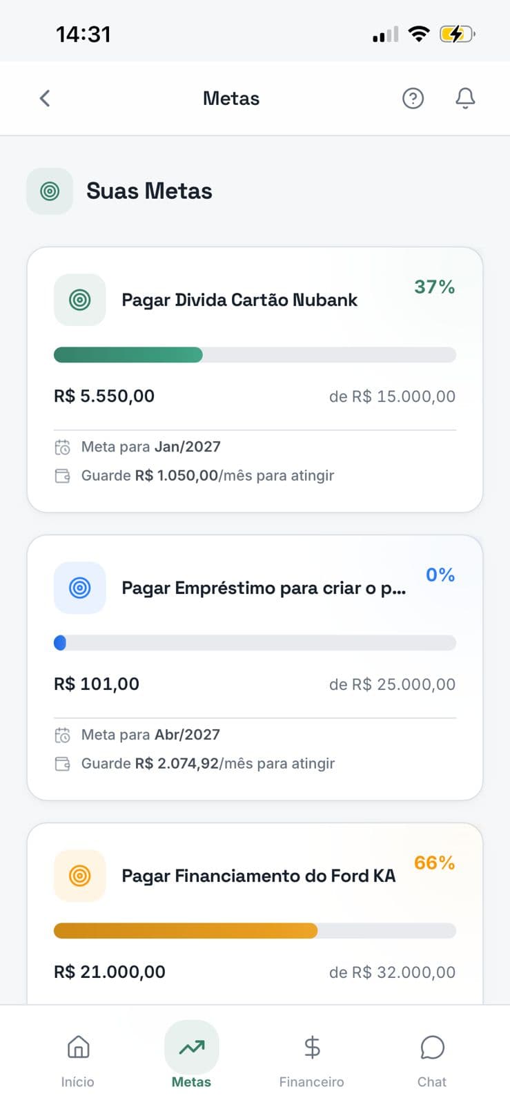 Tela de metas do app FlexWay, com o progresso de cada objetivo.