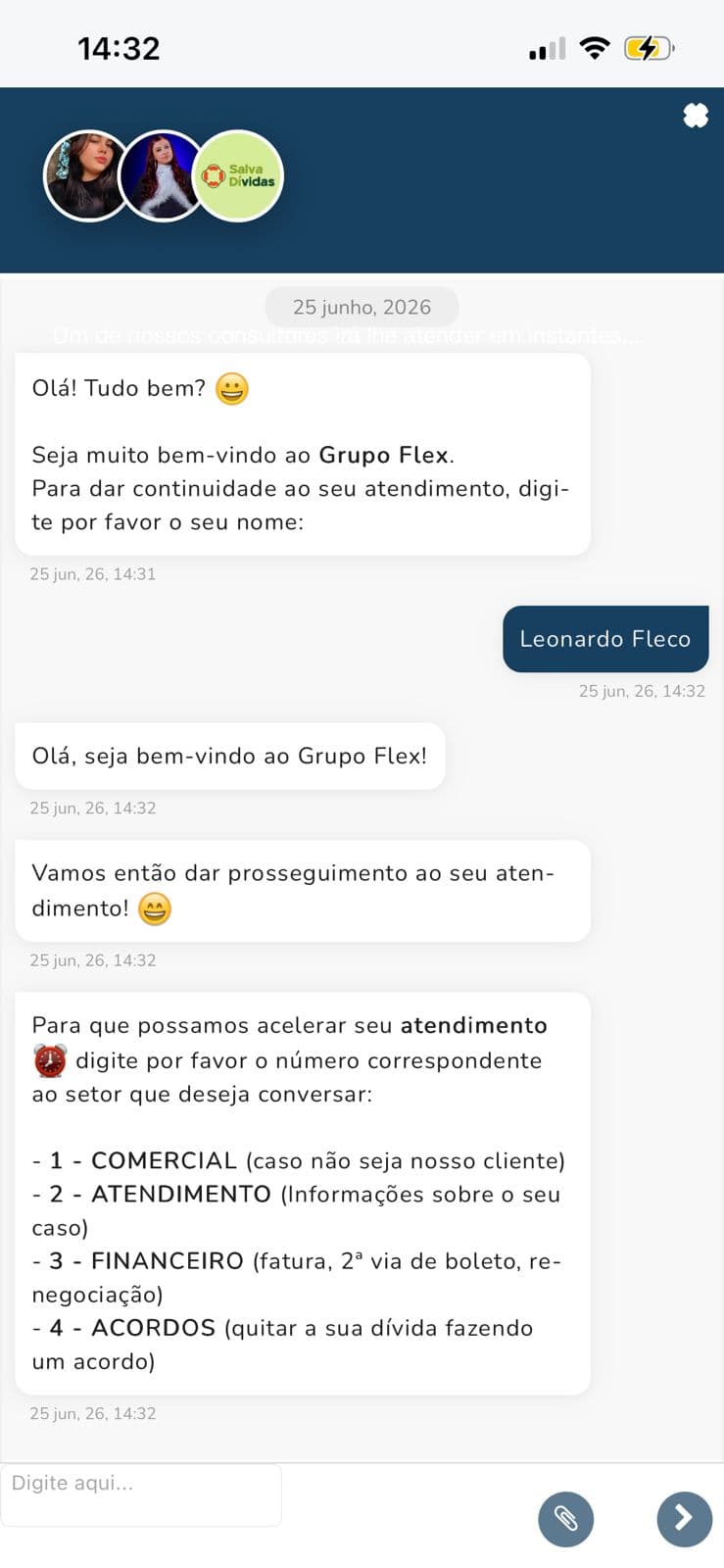 Tela de atendimento do app FlexWay, com chat ao vivo com a equipe.