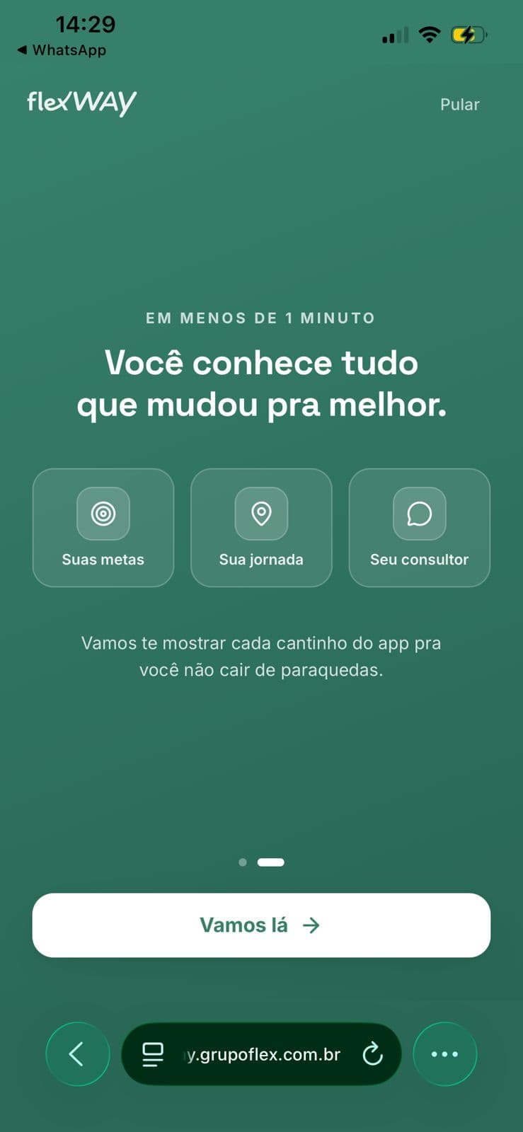 Tela de boas-vindas do app FlexWay, apresentando o passo a passo.